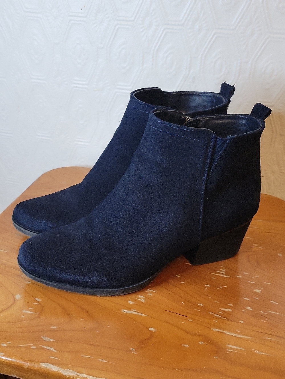 Aqua College Suede Navy Ankle Leather Booties with Low Block‎ Heel